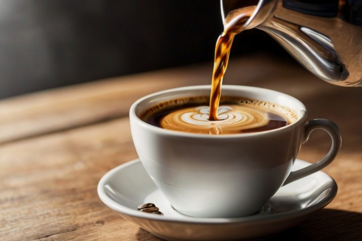 陶器製のカップにコーヒーを注いでいる様子