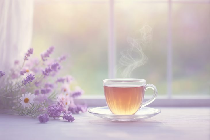 透明なティーカップに入った紅茶とラベンダー