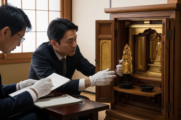 一人の査定員が仏壇を確認し、もう1人の査定員が紙に何かを書いている写真