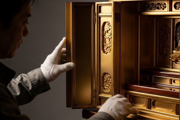 白い手袋をはめた査定員が仏壇を確認している写真