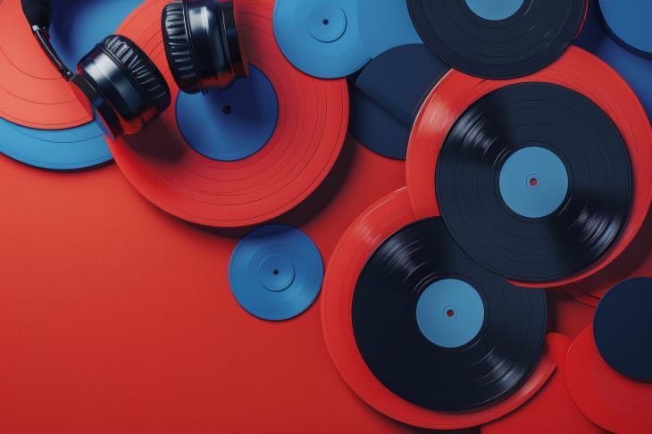 色とりどりのレコードが重なるように置かれている写真