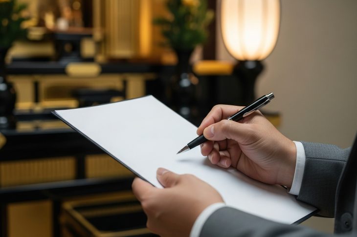 仏壇の前で査定員風の人がペンと紙を持って何かを書いている写真