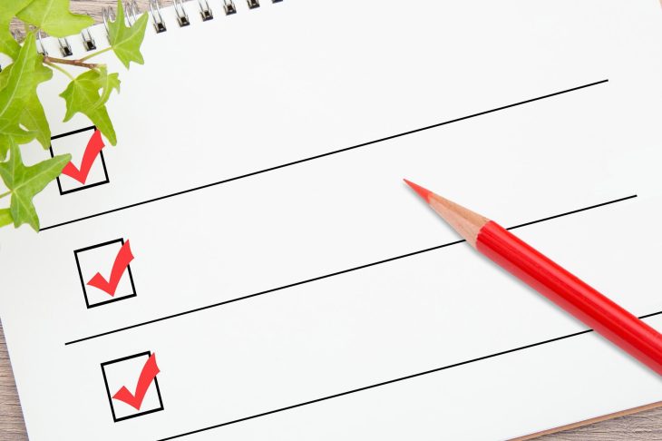 赤ペンでチェックが入ったチェックリストと赤鉛筆