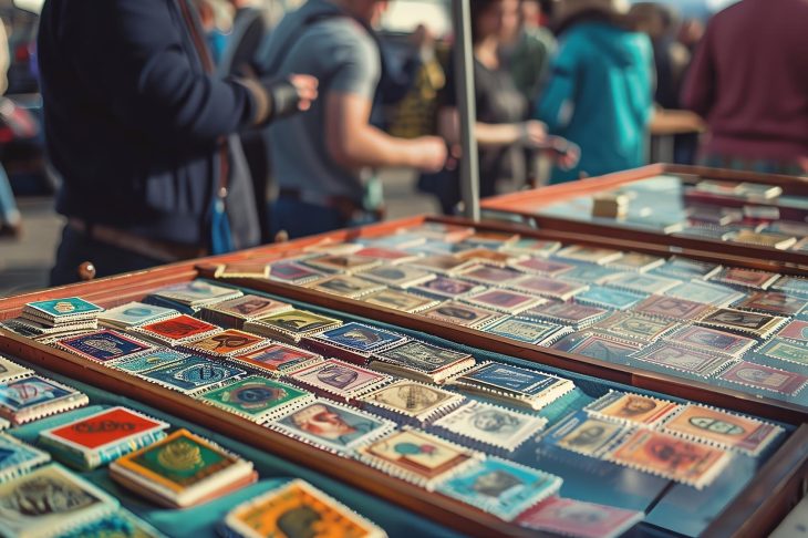 フリーマーケットのような店先で売られている切手コレクションの写真