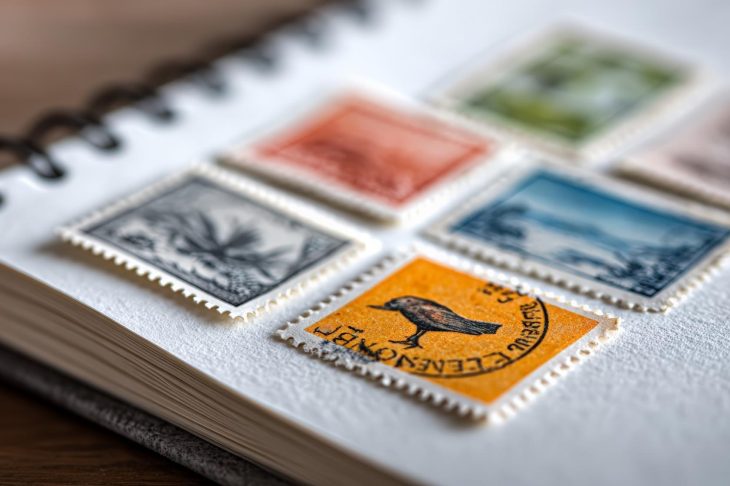白いノートに切手のコレクションが貼られている写真
