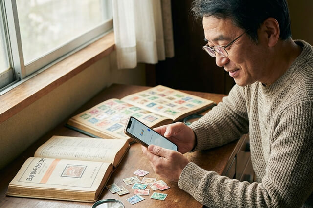 切手の価値を調べるためにスマホ検索やカタログを使って比較検討している様子