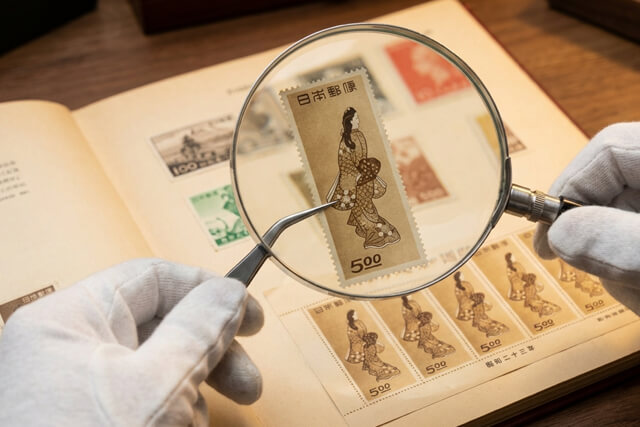 プロの査定士がルーペとピンセットを使って切手の状態や希少性をチェックしている様子