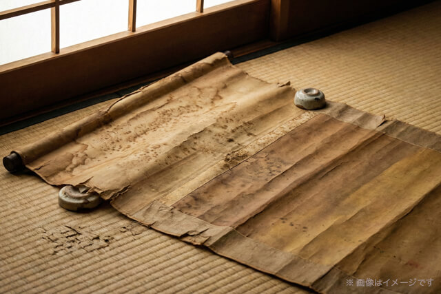 経年劣化による自然なシミや変色がある古い掛け軸が畳の上に広げられている様子｜汚れた状態や箱なしでも査定可能