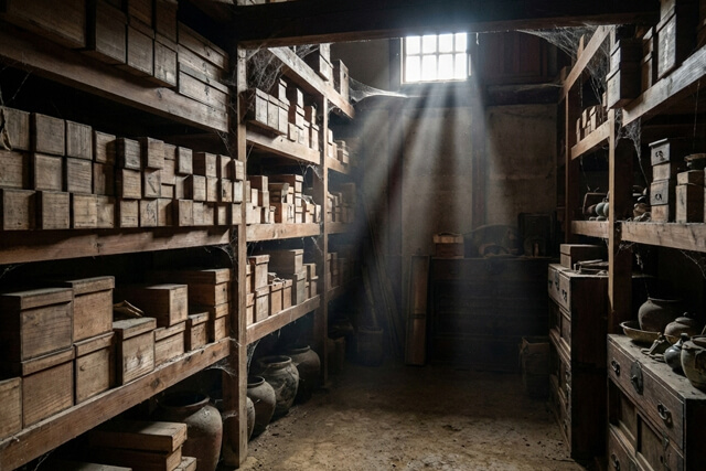 蔵の中に眠る骨董品や木箱の山｜整理前の状態でも丸ごと査定可能