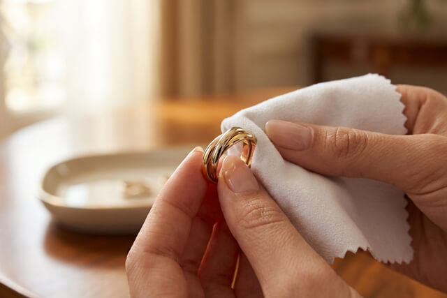 査定前に柔らかい布でリングをお手入れする様子