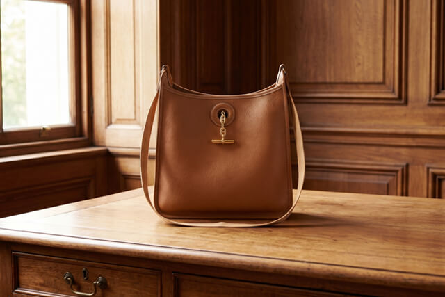 木製テーブルに置かれたエルメスのショルダーバッグ「ヴェスパ」｜特徴的なシェーヌダンクルの金具