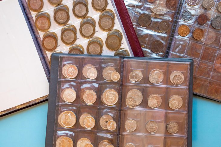 コイン収集用のアルバムに整理された記念硬貨や外国硬貨
