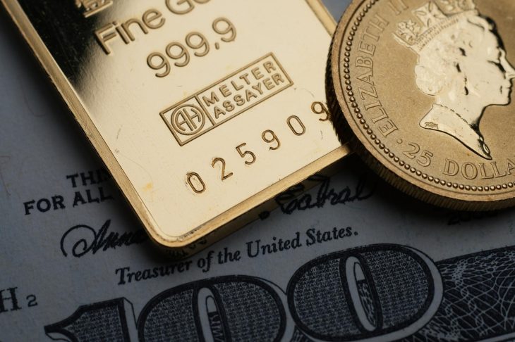 純金インゴットと金貨を拡大して見ている