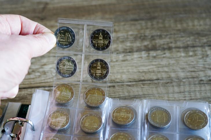コインアルバムに収納された記念硬貨を確認する様子