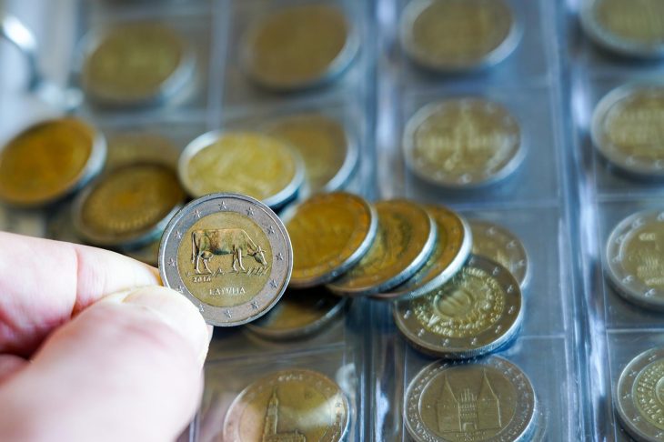 コインアルバムに収納された記念硬貨の中から、1枚を手に取って確認する様子