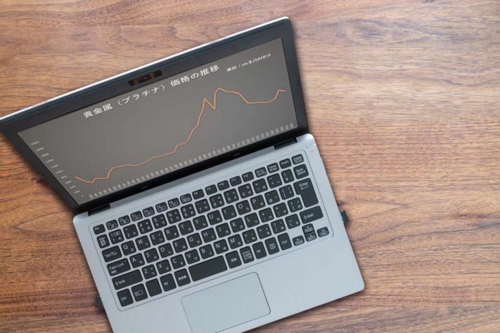 プラチナ価格の推移を示すグラフを画面に表示しているノートパソコン