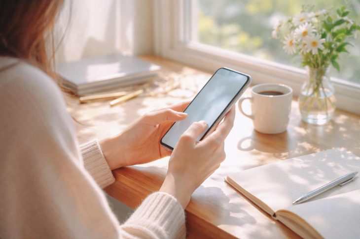 窓辺でスマホの操作をする女性