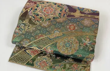 袋帯 陽文綴 金糸 ラメ糸 刺繍 花唐草模様 宝相華 花菱 鳥 蜀江