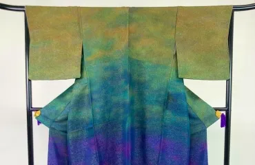 訪問着 二代目久保田一竹 一竹辻が花 暈し染め 金通し 作家物 グリーン パープル