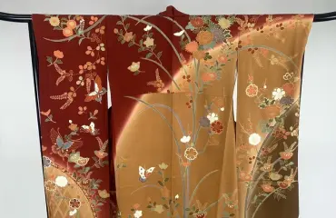和装 着物 留袖 花柄 蝶 金糸 ブラウン レッド オレンジ
