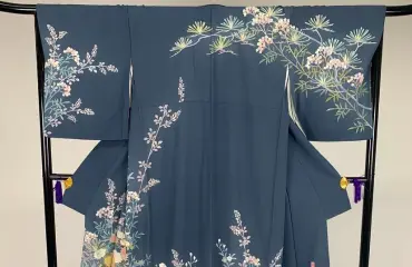 訪問着 手描友禅 秀水 落款あり スワトウ刺繍 四季の花 ブルー