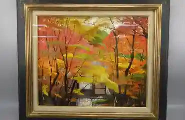 本松進一「嵯峨 常寂光寺の紅葉」 油彩 F8号 額装済み 油絵