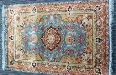 シルク カーペット/ラグマット 約79cm×127cm ブラウン＆ブルー